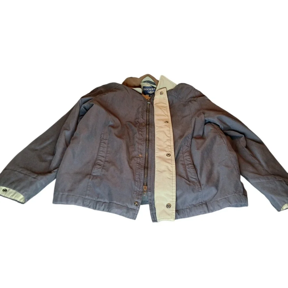 Dockers Men's S Car Coat Jacket Navy Brown Collar Quilted Lined Zip Front Casual